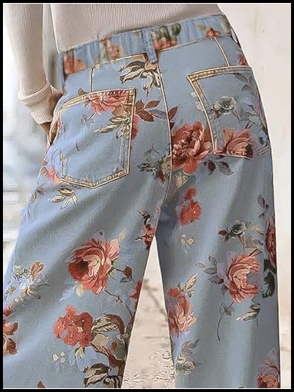 Mid Rise Cropped Wide Leg Floral Jeans Denim Palazzo Pants - Picture 4 of 6